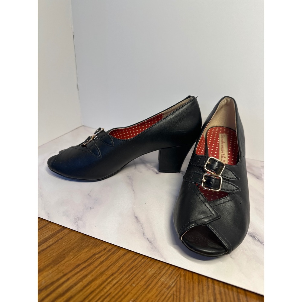 Vintage-look Peep Toe Heels with Buckle Detail Red Polka Dot Lining Women's - Picture 2 of 5